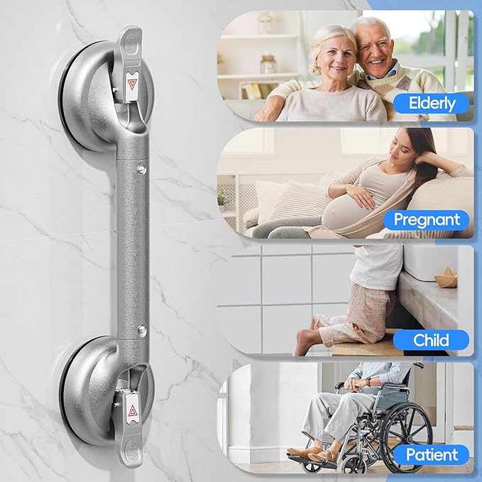 17 Inch Grab Bars for Bathtubs and Showers 2 Pack Seniors Handles for Elderly Strong Suction Handicap Safety Handrail for Bathroom Toilet Tiles Glass Gray Silver