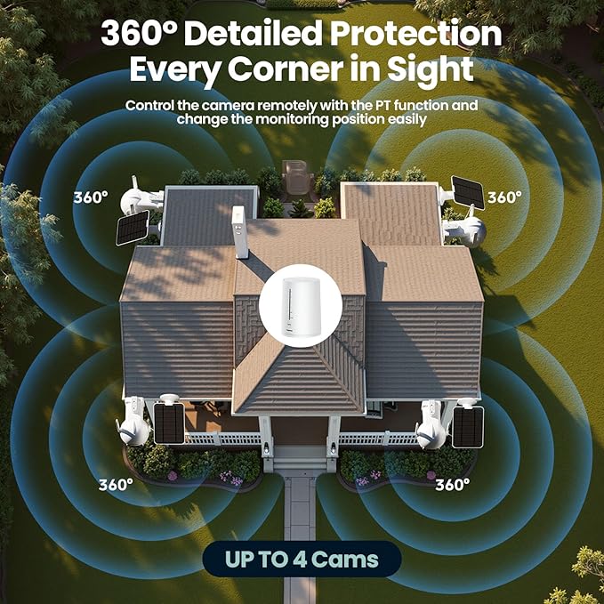 Solar Camera Outdoor Wireless, 4 Cam-Kit, No Subscription, Cameras for Home Security System with 360° Pan & Tilt, 2K Color Night Vision, Motion Detection & Siren, Easy Setup, 5G & 2.4G WiFi