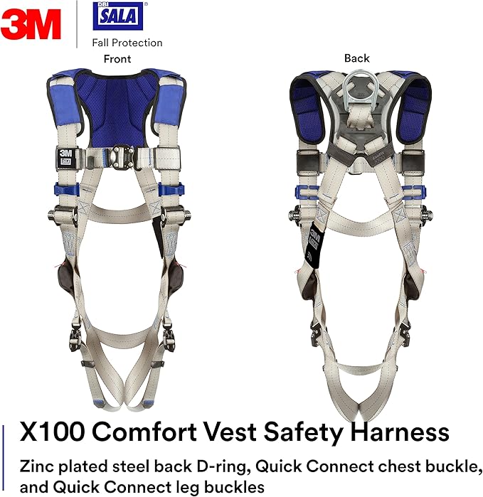 3M DBI-SALA ExoFit X100 Comfort Vest Safety Harness Fall Protection, OSHA, ANSI, General Purpose, 1 D-Ring Connection, Quick Connect Leg and Chest Buckles, Zinc Plated Steel, 1401020, Small