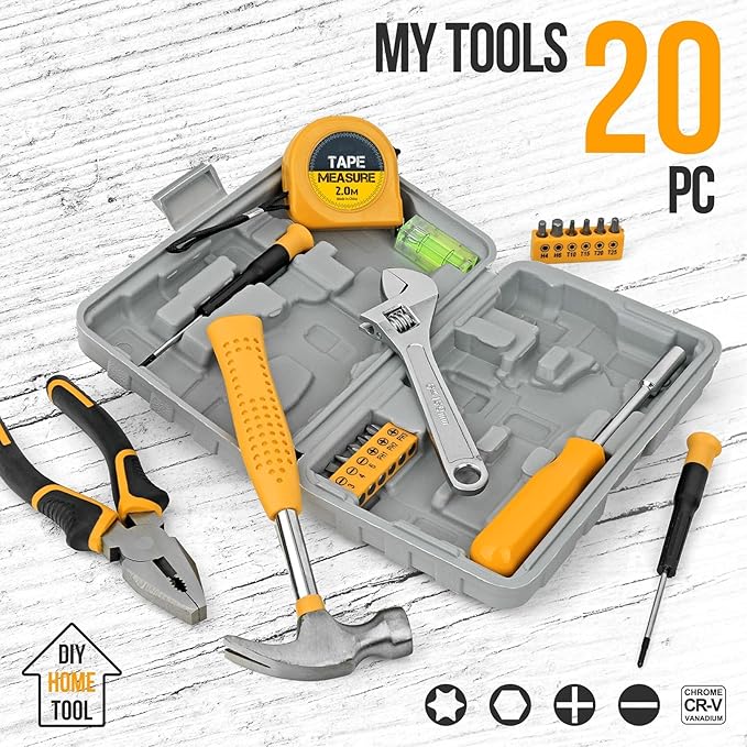 20 Pieces Home Tool Set, Basics Household Tool Kit with Small Mini Carrying Box for Men and Women DIY (Yellow)