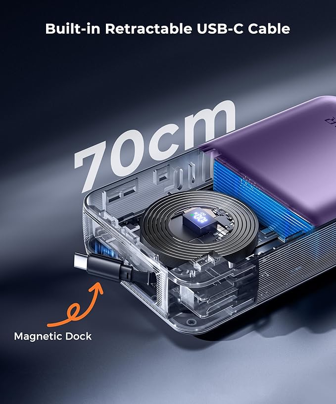 Portable Charger Power Bank - Laptop Battery Pack 65W AC Plug GaN 25000mAh Built in Cable USB C Phone Fast Charging Compatible with iPhone 16 15 14 13 12 11 X iPad MacBook Samsung (Purple)