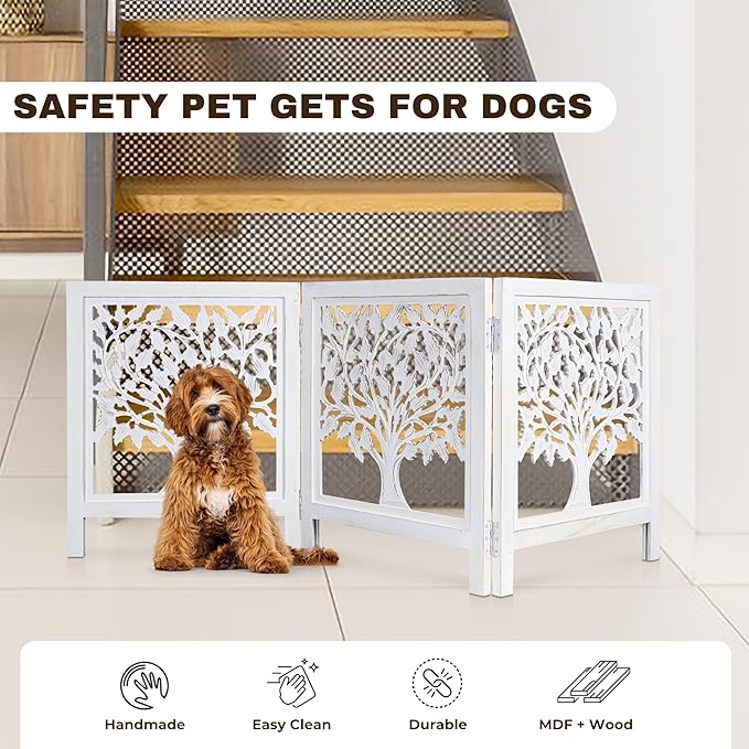 Foldable Wooden Dog Gate 3 Panel 24" Height x 60" Wide Tree Design, Free Standing Pet Fence for Doorways, Indoor Decorative Dog Gate for House, Extra Wide White Puppy Barrier,Pre-Assembled, Easy Setup