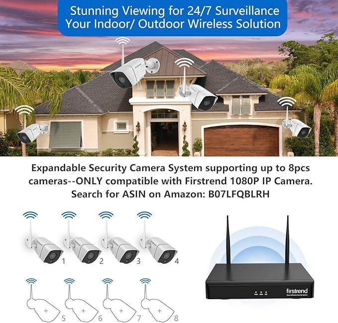 Wireless Security Camera System, Firstrend 8CH 1080P Wireless NVR System with 4 pcs 1.3MP IP Security Camera with 65 ft Night Vision and Easy Remote View, P2P CCTV for Home(No Hard Drive)
