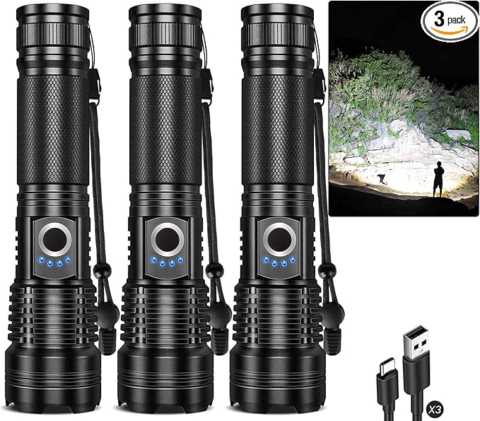 Flashlight Rechargeable 90,000 High Lumens - 3 Pack Bright LED Flash Light with 5 Modes, Handheld Waterproof Linterna for Camping, Home, Outdoor