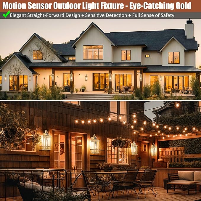 2-Pack Gold Dusk to Dawn Motion Sensor Lights 18 Inch, Large Outdoor Light Fixtures IP65 Waterproof Anti-Rust Brass Outside Lights for House Photocell Modern Exterior Lanterns Wall Mounted