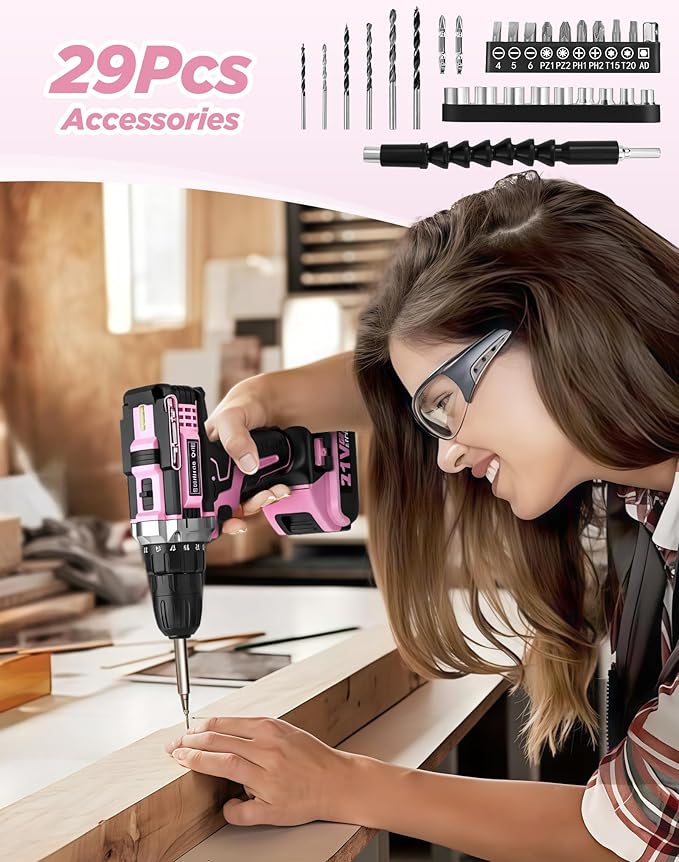 Drill, 21V Cordless Drill with Dual 2.0Ah Power Pack and Charger, Electric Power Drills Set, 3/8 Inch Chuck, 25+1 Torque, 2 Speed 29 Accessories Tool for DIY, Gifts