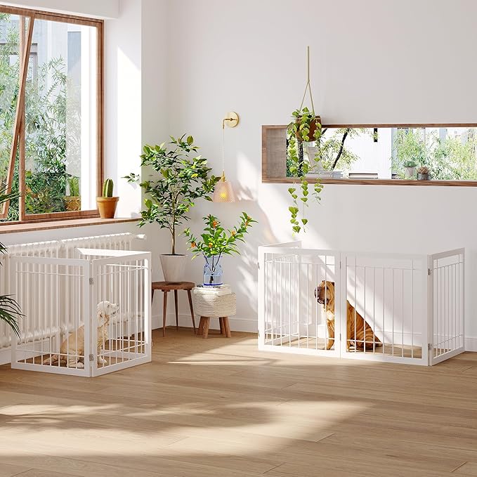 JSB 72-inch Extra Wide 28-inch Tall Dog gate, Freestanding Pet Gate for Halls, Stairs & Home, Pet Puppy Safety Dog Fence with 2PCS Support Feet (White)