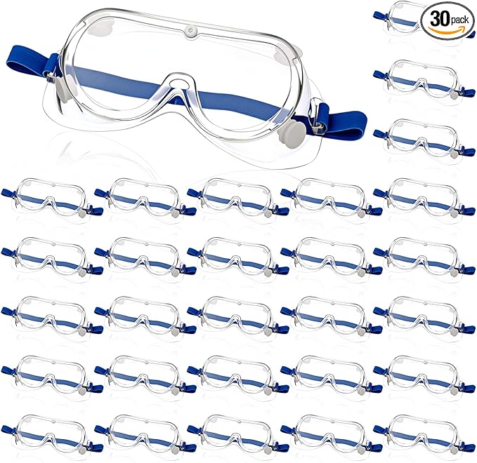 Yunsailing 30 Pack Protective Safety Goggles Clear Lab Over Glasses Anti Fog Eye Protection Goggles for Men Women (Clear Blue)
