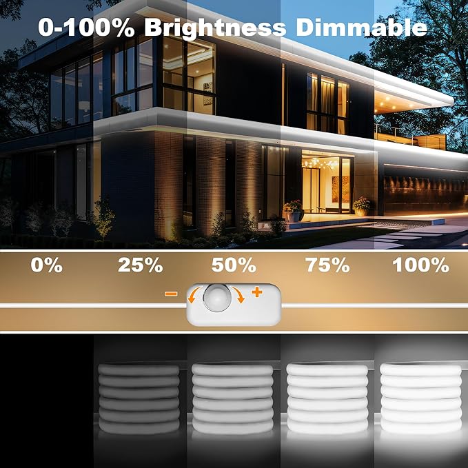 IP67 Waterproof COB LED Strip Lights AC 120V Direct Plug, 100FT Super Bright Outdoor Strip Lights with Double Fuse Controller, 6500K White LED Strips for Garden Patio Commercial Decor