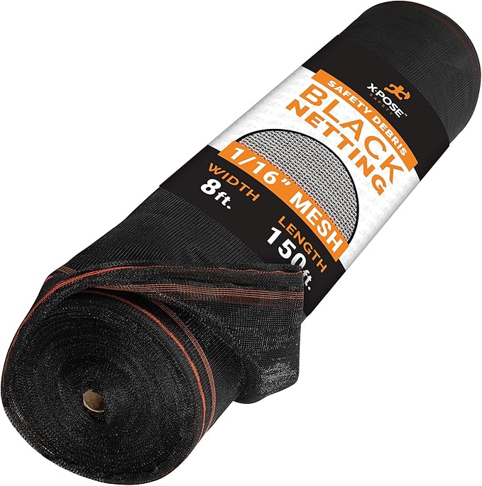 Construction Safety Debris Netting - 150 Ft Temporary Material Roll, 1/16" Mesh Scaffold Net Enclosure, Barricade, Visibility Barrier, Fencing Roll, Heavy Duty Fire Retardant 8 ft x 150 ft, Black