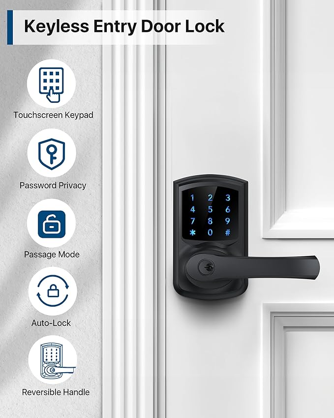 Keyless Entry Door Lock, Keypad Door-Lock with Handle, Touchscreen, Auto-Locking, Anti-peep Password, Easy to Install for Front Door, Home, Office, Matte Black 2 Pack