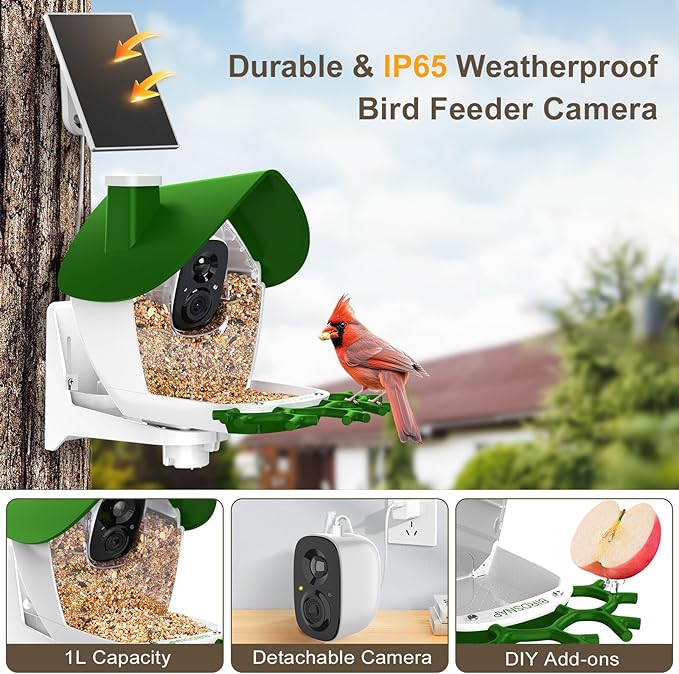 birdsnap® P33 - Bird Feeder with Camera Solar Powered, 2K Video Bird Camera Feeder Live with 32GB Card, AI Identify Feather Species, Auto Record in Backyard, for Birds Lover
