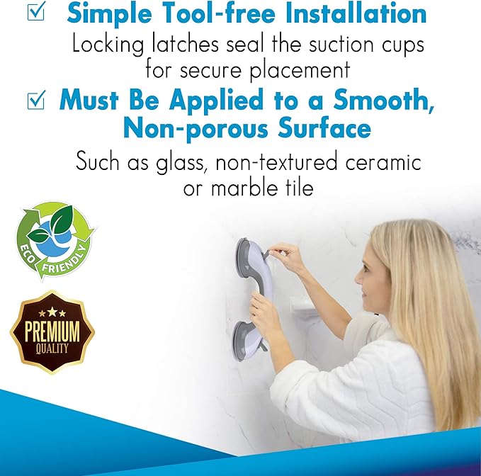 Grab Bars for Bathtubs and Showers, Heavy Duty Shower Handle 2 Pack 12 Inch for Elderly Assistance Products Seniors Suction Cup Removable Handrails Handicap Bath Grip Bathroom Safety Grips No Drilling