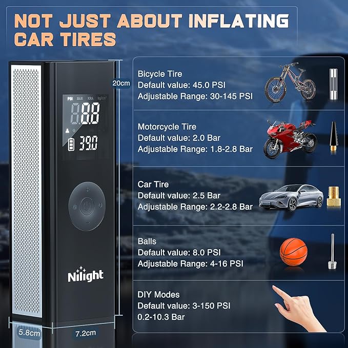 Nilight Tire Inflator Portable Air Compressor Battery Powered Rechargeable 12VDC 150PSI Cordless Tire Pump w/Digital Pressure Gauge 2X Faster Inflation Air Pump for Car Motorcycle