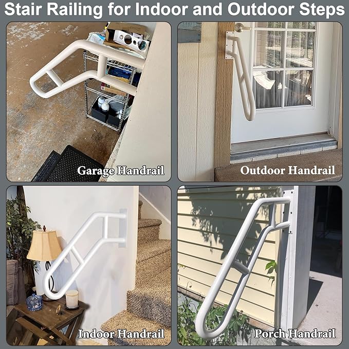 Upgraded Stair Handrails for 1-3 Steps, 27" Bent Handrails for Outdoor Steps, Wall Mounted Stair Railing U-Shaped Safety Grab Bar with 2 Anti-Skid Crossbar for Garage, Porch, Garden, Yard