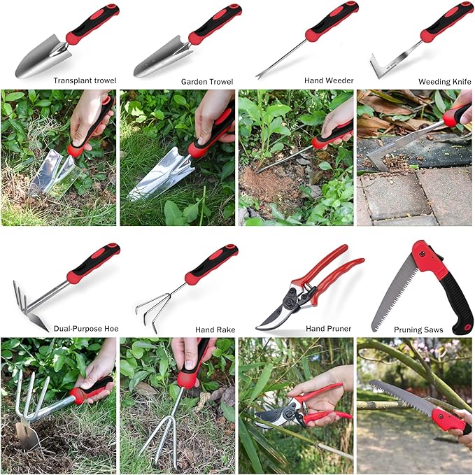 Red Gardening Tools, WisaKey 9 Piece Stainless Steel Heavy Duty Garden Tools with Non-Slip Ergonomic Handle, Garden Tote Bag, Garden kit, Gardening Gifts for Women and Men