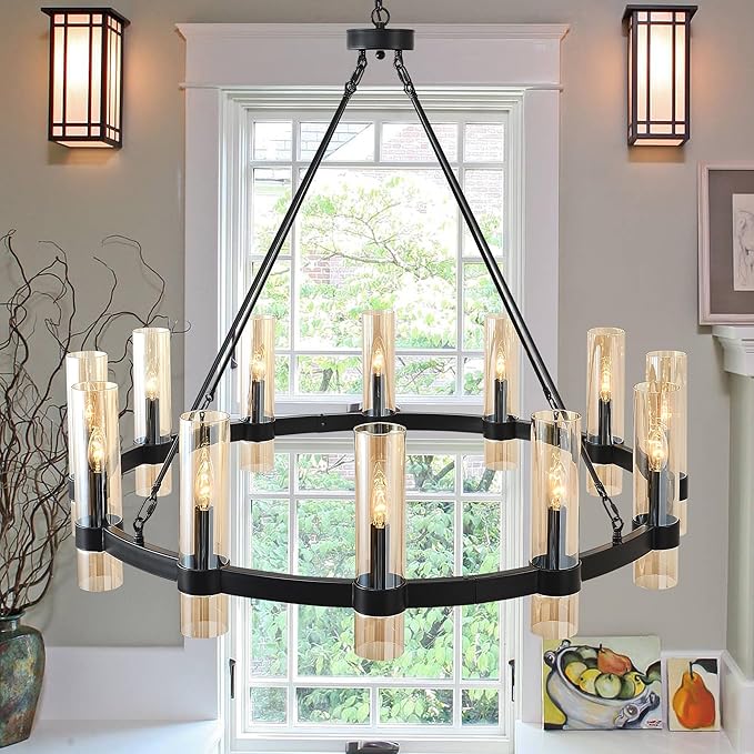 43 Inch Black Wagon Wheel Chandelier, 12 Lights, with Brown GlassShade, Large Hanging High Ceilings Chandeliers for Dining Room KitchenFoyer En