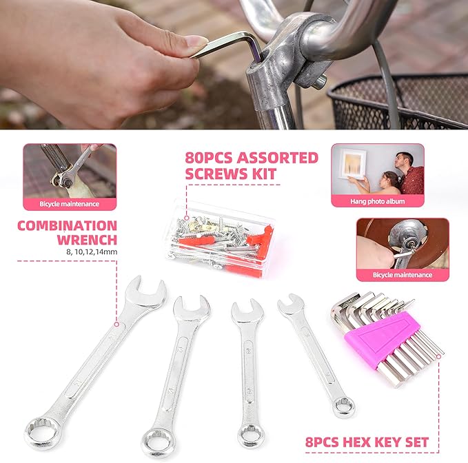 125 PCS Pink Household Tool Set, Pink Ladies Basic House DIY Toolkit Set for Home Garage Office College Dormitory Use, Hand Tool Kits for Women