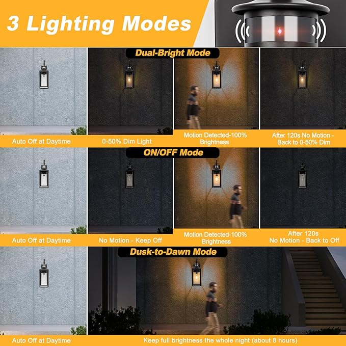 Motion Sensor Outdoor Wall Lights 2 Pack, Black Dusk to Dawn Light Fixtures Wall Mount, 16" Exterior Wall Sconces Waterproof, Large Outside Lamps for House, Modern Porch Lanterns 3 Modes