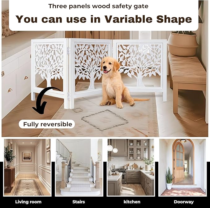 Foldable Wooden Dog Gate 3 Panel 24" Height x 60" Wide Tree Design, Free Standing Pet Fence for Doorways, Indoor Decorative Dog Gate for House, Extra Wide White Puppy Barrier,Pre-Assembled, Easy Setup