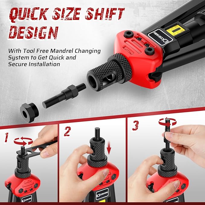 16" Rivet Nut Gun with Stroke Adjustment - 15 Metric and SAE Mandrels (M3-M12 & to 1/2") + 4 Pieces 1/4-20 Mandrels - 200 Threaded Nuts (100 Each) in Storage Boxes - Portable Blow Molded Case