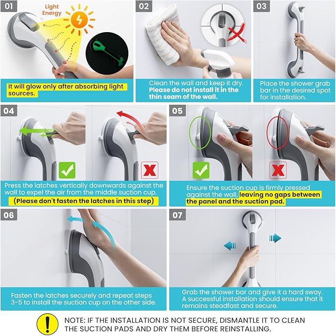 TAILI Shower Grab Bar Glow in The Dark, 2 Pack 16.8 in Grab Bars for Bathtubs and Showers,Shower Handles Shower Rails for Seniors and Elderly,Bathroom Safety Grip Removable No Drilling Waterproof Grey