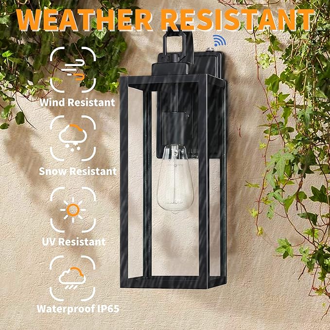 Pia Ricco Large Size Outdoor Wall Lights, Dusk to Dawn Matte Black Exterior Light Fixture with Clear Glass Shade, Waterproof Front Porch Lighting, Modern Sconces Lantern for House, Garage, ETL Listed