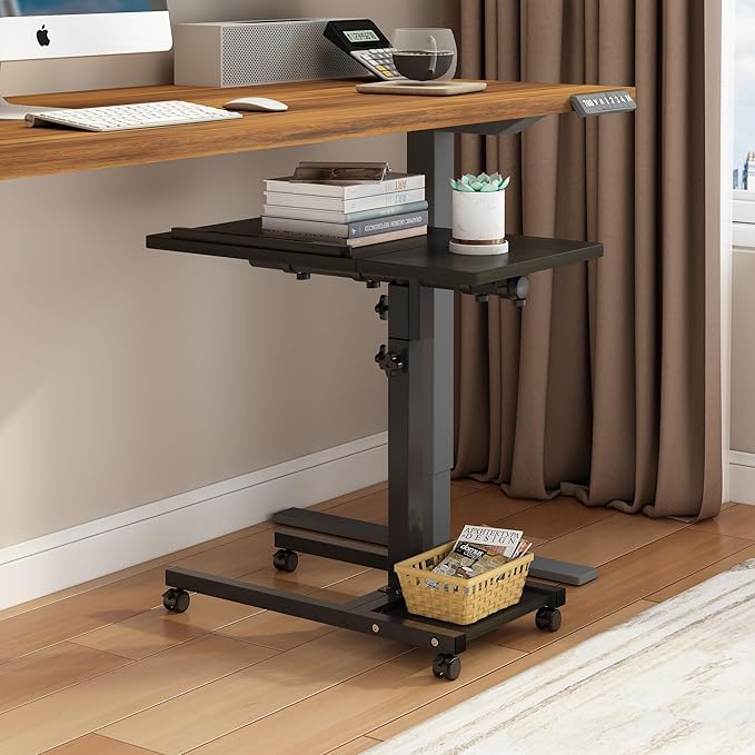 Laptop Desk Stand for Bed Portable Desk Overbed Bedside Mobile Laptop Table Rolling Foldable Table Adjustable Height with Locked Wheels & Mouse Pad for Office Sofa (Dekuwood Black)