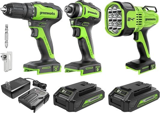 Greenworks 24V Brushless 3 pcs Cordless Power Tool Combo Kit, 310 in-lbs Drill Driver, 1950 in-lbs Impact Driver, 3000 Lumen Spotlight, with 2 2Ah Battery and Charger