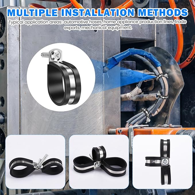 180 Pcs Cable Clamps Assortment Kit, 7 Sizes 304 Stainless Steel Metal Cable Clamp 1/4" 5/16" 3/8" 1/2" 5/8" 3/4" 1" Insulated Wire Clamps Cushion Rubber Coated Pipe Hose Clamp for Pipes and Hoses