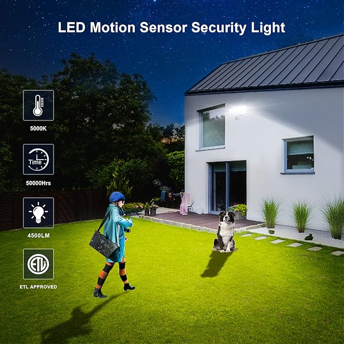 EMANER Outdoor Motion Sensor Light, LED Security Light 45W Exterior Dusk to Dawn & Motion Detector Adjust, 3-Head Frosted Lens 5000K, Corded Floodlight for Garage/Porch/Front Door, (1-Pack, White)