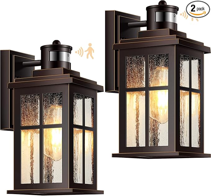 VIANIS Farmhouse Motion Sensor Outdoor Porch Lights for House, Oil Rubbed Bronze Gold Trim Dusk to Dawn Exterior Lighting Fixtures Wall Mount for Garage, Anti-Rust Outside Wall Sconces for Patio
