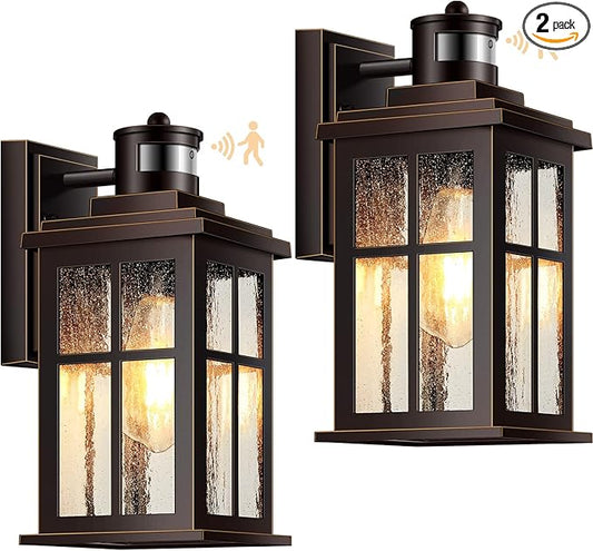 VIANIS Farmhouse Motion Sensor Outdoor Porch Lights for House, Oil Rubbed Bronze Gold Trim Dusk to Dawn Exterior Lighting Fixtures Wall Mount for Garage, Anti-Rust Outside Wall Sconces for Patio
