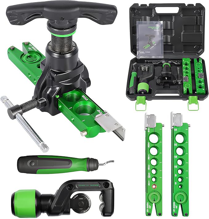 Flaring Tool Kit for 1/4'' - 3/4'' and 6-19mm Single Flare HVAC, 45° Eccentric Type Flare Tool with Clutch, Pipe Cutter, Deburring Tool for Copper/Aluminum/Stainless Steel Pipes (5 in 1 Kit)