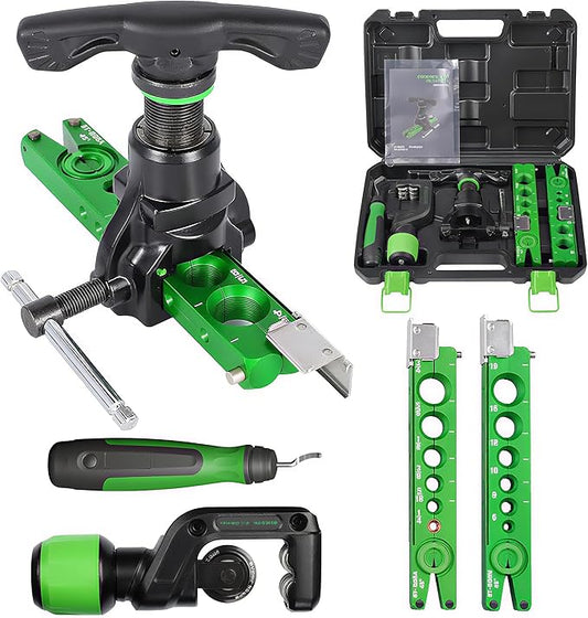 Flaring Tool Kit for 1/4'' - 3/4'' and 6-19mm Single Flare HVAC, 45° Eccentric Type Flare Tool with Clutch, Pipe Cutter, Deburring Tool for Copper/Aluminum/Stainless Steel Pipes (5 in 1 Kit)