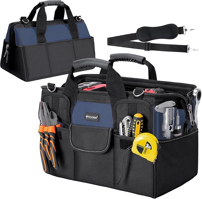 TICONN Heavy Duty Tool Bag with Multi-Pockets, Portable Tool Box Organizer Storage Bag, with Adjustable Shoulder Strap and Ergonomic Handle (Blue, 16" Standard Base)