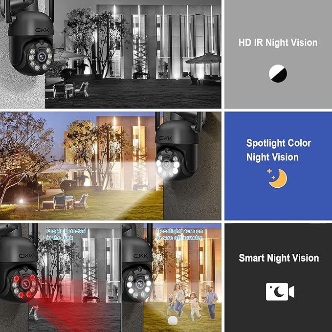 Wireless Security Camera System, 4pcs 3MP PTZ Cameras Outdoor Indoor, CKK WiFi Surveillance NVR System with Floodlights & Siren Alarm, 2 Way Audio, 24/7 Record, Expandable 10CH, No HDD