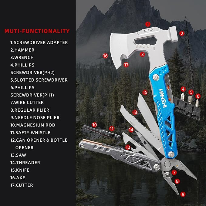 HANSHI Camping Axe Multitool with YG10 Tungsten Steel Replaceable Wire Cutters for Gift,17 in 1 Multi Tool with Spring-Action Pliers,Knife,Screwdriver,Flint Rob,Safty Whistle with Nylon Sheath (Blue)