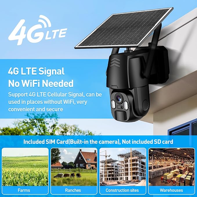 4G LTE Cellular Camera, 2K 360° Solar Camera Outdoor, Built-in SIM Card, Full Color Night Vision, AI Human Detection, IP65 Waterproof, APP Remote Access