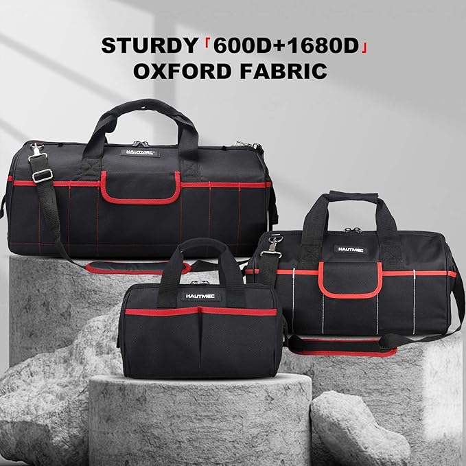 HAUTMEC 3 Piece Large Tool Bag Set, Heavy Duty 1680D Wide Mouth Tool Bags with Padded Shoulder Strap, Non-Slip Base, Double Zipper & Organiser Pockets – 12”, 18”, 24” Sizes – HT0297