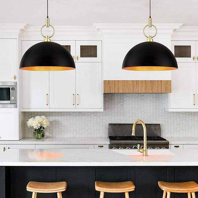 19.6" Black and Gold Pendant Lights for Kitchen Island Large Dome Pendant Light Fixture Industrial Hanging Lamp for Dining Room Hallway Entry Bedroom Bar