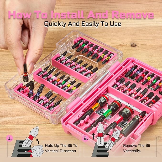 47Pieces Impact Screwdriver Bits Set, Magnetic S2 Steel 1” Phillips/Square/Torx/Slotted/Hex/Security Torx Bits Tips,Impact Bit Holder with Pink Storage Box Case