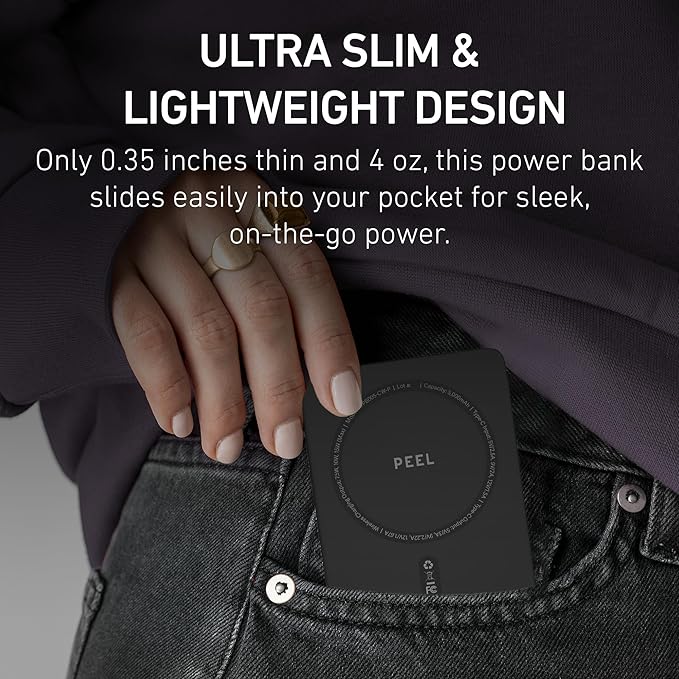 PEEL Magnetic Wireless Portable Charger – Ultra Slim 5,000mAh Power Bank, Compatible with MagSafe Devices, 15W Wireless & 20W USB-C Fast Charging, Lightweight for iPhone 16/15/14/13/12 (Black)