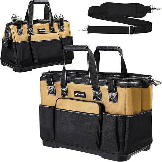 20 IN Large Tool Bag For Men Heavy Duty, Drill Bag Tool Bag Organizer, Wide Mouth Waterproof Hard Bottom Multiple Pockets Tool Tote, Tool Caddy, Maintenance