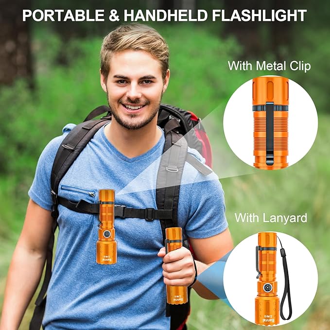Flashlights High Lumens Rechargeable, Super Bright Long Range Small Powerful Flashlight, 6 Modes LED Tactical Pocket Waterproof Flash Light for Home Emergency (2, Orange)