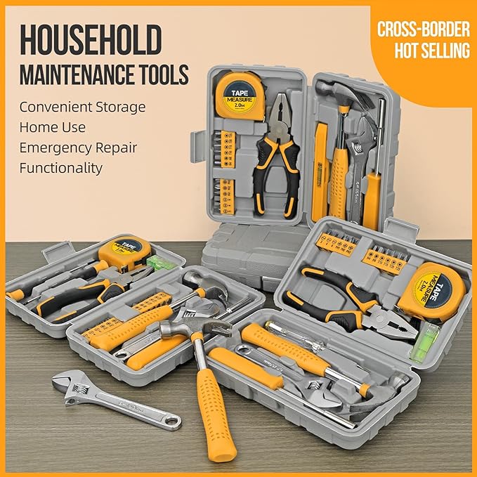 20 Pieces Home Tool Set, Basics Household Tool Kit with Small Mini Carrying Box for Men and Women DIY (Yellow)