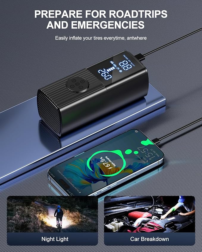 Tire Inflator Portable Air Compressor, 180PSI & 3X Faster Portable Air Compressor with Digital Pressure Gauge, 25000mAh Cordless Air Pump for Car, Motorcycle, Bike, Ball