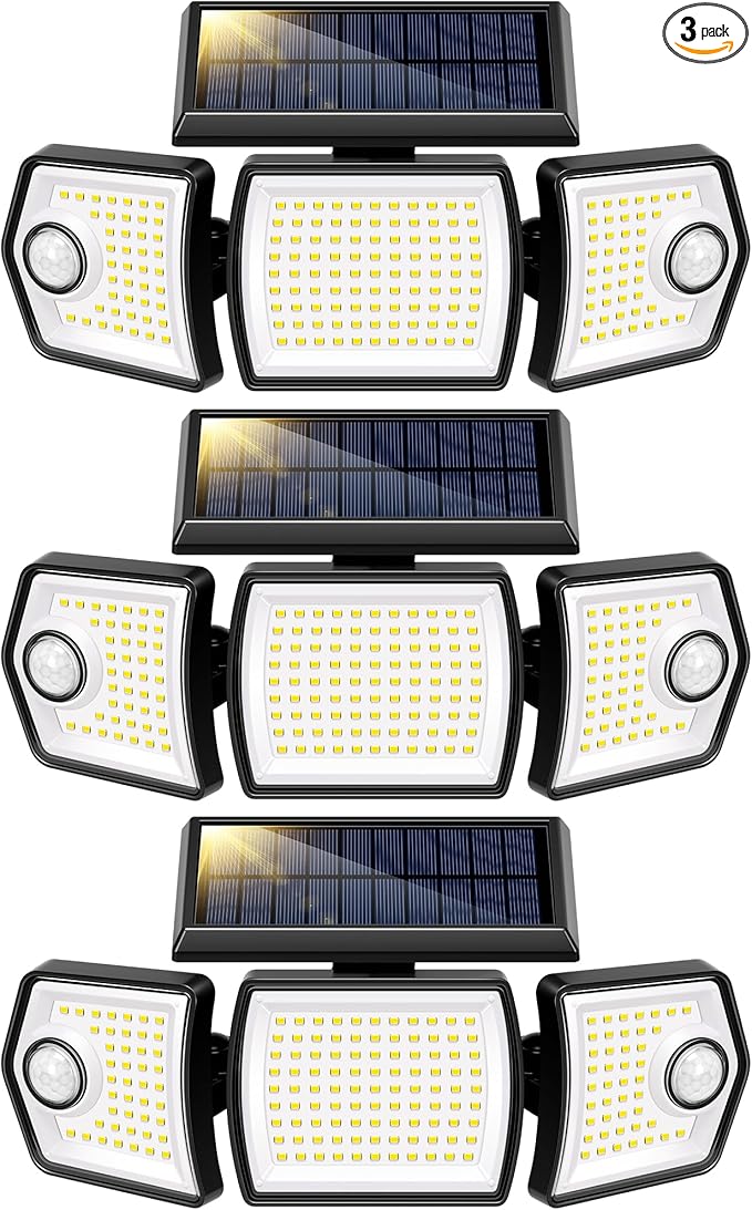VIVOHOME Linkable Solar Lights Outdoor, Dual Roating Motion Sensor Flood Lights Solar Powered Security Light with 3 Heads, 2500LM, IP65 Waterproof for Outside, Yard, Garage, Wall, Patio, 3 Pack