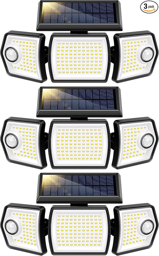 VIVOHOME Linkable Solar Lights Outdoor, Dual Roating Motion Sensor Flood Lights Solar Powered Security Light with 3 Heads, 2500LM, IP65 Waterproof for Outside, Yard, Garage, Wall, Patio, 3 Pack