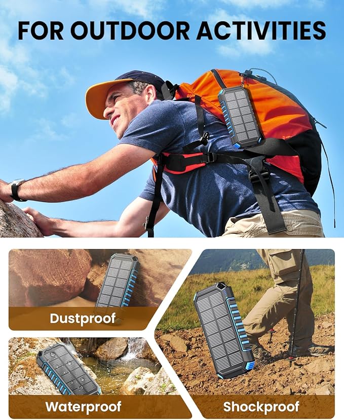 Riapow Solar Charger Power Bank - 27000mAh Wireless Portable Charger Built in Cables - 22.5W Fast Charging Battery Bank with USB C - PD QC3.0 External Battery Pack for iPhone Flashlights for Outdoor